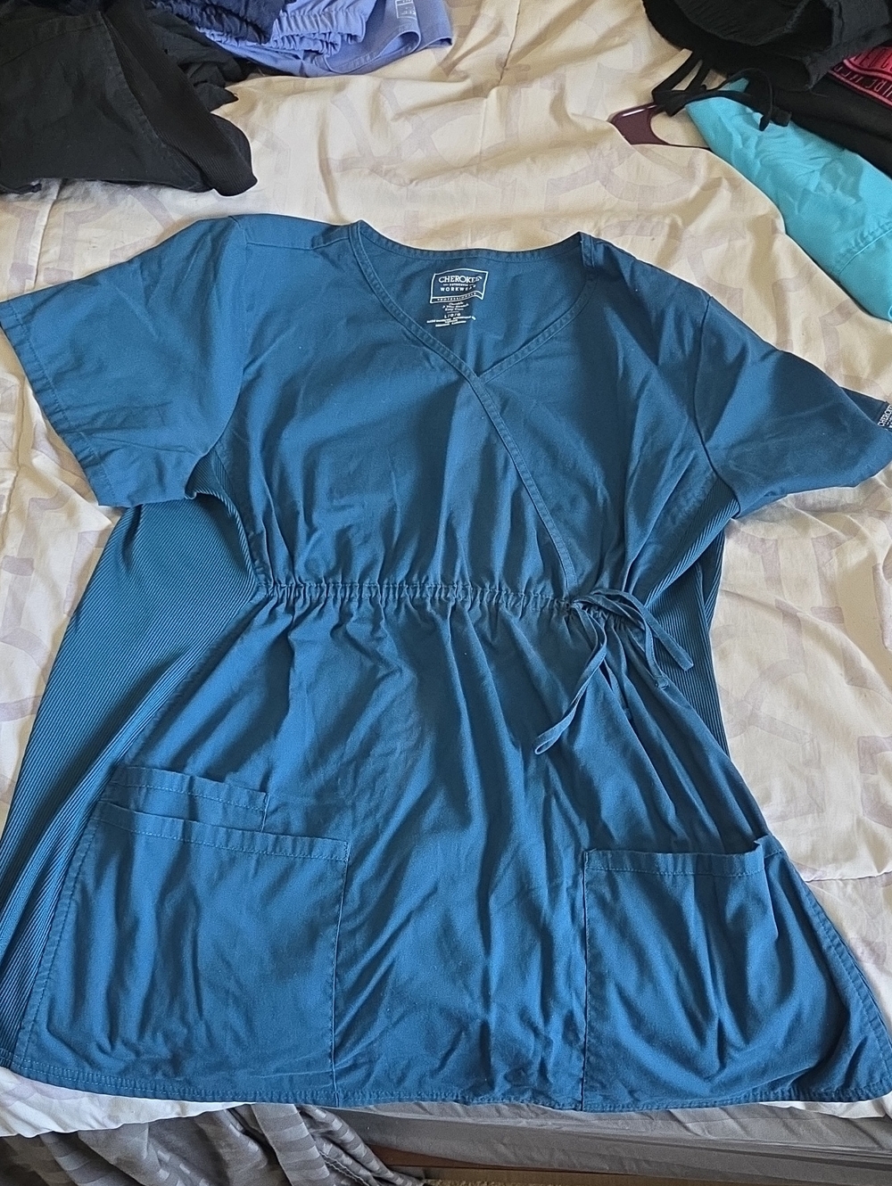 Set Cherokee Teal Wrap-Style Maternity Scrub Top And Maternity Scrub Bottoms